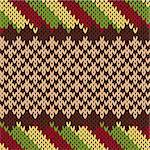 Seamless knitting vector pattern in red, brown, green and beige colors as a knitted fabric texture