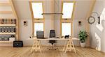 Modern office in the attic with wooden desk, bookcase and two windows - 3d rendering