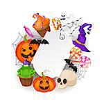 Halloween Gift Tag with web,bats, candy,hat, pumpkins and ghost on white background. Price tag for holiday sale. Retrp cartoon style vector illustration