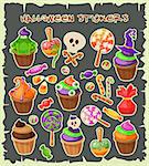 Haloween stickers. Traditional sweets and candies for holiday Halloween. Muffins, cupcakes, cakes decorated in Halloween style and isolated on white background. Retro cartoon style vector illustration.