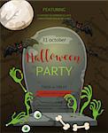 Halloween party baner. A gravestone with an inscription and the zombie hands a festive poster. Rertro cartoon style vector illustration