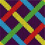 Seamless knitting geometrical vector pattern with various color lines over dark magenta background as a knitted fabric texture