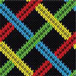 Seamless knitting geometrical vector pattern with various color lines over black background as a knitted fabric texture