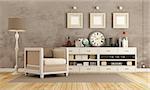 Brown vintage room with armchair and sideboard with decor objects - 3d rendering