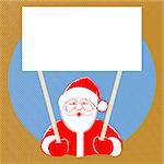 Vector illustration Santa Claus comic style design with jolly plump in red cap on dotted background, holding blank isolated for text for your creativity. Retro style pop art