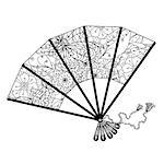 fan decorated by contoured butterflies and asian style flowers. zen style picture for anti stress drawing or colouring book. Hand-drawn, retro, doodle, vector, for coloring book, poster or card design