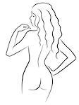 Abstract graceful hand gesticulating women with long locks, view from the back, hand drawing vector outline