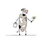 Cute cow with milk and flower, sketch for your design. Vector illustration