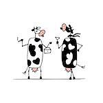 Funny cows on the party, sketch for your design. Vector illustration