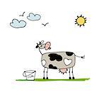 Cow grazing in meadow, sketch for your design. Vector illustration