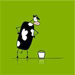Funny bull with buckets of milk, sketch. Vector illustration