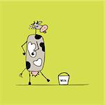 Funny cow with bucket of milk, sketch for your design. Vector illustration