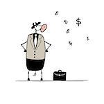 Funny bull businessman with suitcase, sketch. Vector illustration