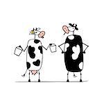 Funny bull and cows with buckets of milk, sketch. Vector illustration