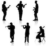 Silhouettes street musicians playing instruments. Vector illustration.