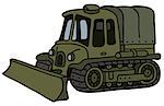 Hand drawing of a funny old khaki artillery tractor with a ploughshare