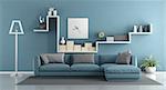Blue living room with sofa and shelf - 3d rendering