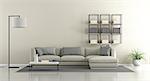 Minimalist lounge with sofa and modern bookcase on concrete wall - 3d rendering