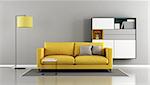 Modern living room with yellow couch and sideboard on wall - 3d rendering
