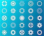 Collection of white gear wheel icons on blue