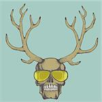 Vector skull with deer horn illustration. Hand drawn skull. Spooky and scary haloween skull
