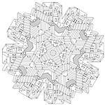 contoured mandala shape as labyrinth of paths, houses, walls and stairs, design in puzzle style. Hand-drawn, doodle, vector, mandala style, detailed circle symmetry for Adult coloring book.