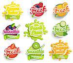 Set of orange, lemon, lime juece,smoothie and fresh labels splash. Lettering, splash and blot design, shape creative vector illustration.