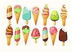 Ice cream collection of 14 items, vector illustration.