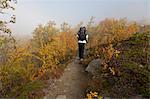 Teenage boy hiking, rear view