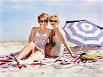 Two retro young women on beach