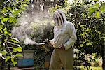 Beekeeper working with a smoker in apiary garden