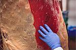 Close-up of butchers hand touching red meat in storage room