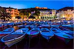 Boats docked at marina with the Venetian Loggia and the Hvar Fortress overlooking the harbour at night in the Old Town of Hvar on Hvar Island, Croatia