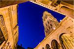 The Peristyle with the Bell Tower and the Cathderal of St Domnius in Diocletian's Palace at dusk in the Old Town of Split in Split-Dalmatia County, Croatia