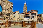 The Bell Tower and the Cathderal of St Domnius with the remains of the stone walls of the Diocletian's Palace in the Old Town of Split in Split-Dalmatia County, Croatia