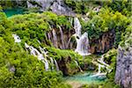 The large waterfall and lush vegetation at Plitvice Lakes National Park in Lika-Senj county in Croatia