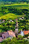 Overview of farmland and looking down on rooftops of the medieval town of Motovun in Istria, CroatiaCroatia