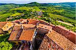 Clay tile rooftops and overview of farmland in the medieval town of Motovun in Istria, Croatia