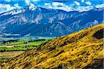 Scenic view of mountains and the Wakatipu Basin near Queenstown in the Otago Region of New Zealand