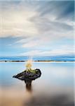 Boulder with grass growing on it in the middle of the calm waters of Myvatn Lake in Northeast Iceland