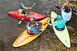 Overhead view of kayak team talking on river Dee