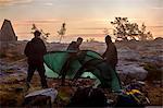 Hikers setting up tent at sunset, Sarkitunturi, Lapland, Finland