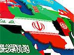 Map of Iran on globe with embedded flags of countries. 3D illustration.