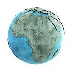 Africa on 3D model of planet Earth made of blue marble with embossed countries and blue ocean. 3D illustration isolated on white background.