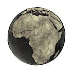 Africa on 3D model of planet Earth with black oily oceans and concrete continents with embossed countries. Concept of petroleum industry. 3D illustration isolated on white background.