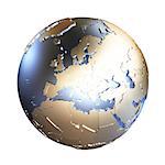 Europe on elegant metallic model of planet Earth with blue ocean and shiny embossed continents with visible country borders. 3D illustration isolated on white background.