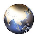 Southeast Asia on elegant metallic model of planet Earth with blue ocean and shiny embossed continents with visible country borders. 3D illustration isolated on white background.