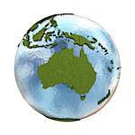 Australia on 3D model of planet Earth with grassy continents with embossed countries and blue ocean. 3D illustration isolated on white background.