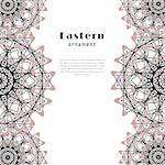 Vector design with circular ornament in eastern style. Ornate oriental element and place for text. Black, red, white color. Template for invitations, greeting cards, flyer pages, brochures.