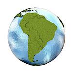 South America on 3D model of planet Earth with grassy continents with embossed countries and blue ocean. 3D illustration isolated on white background.